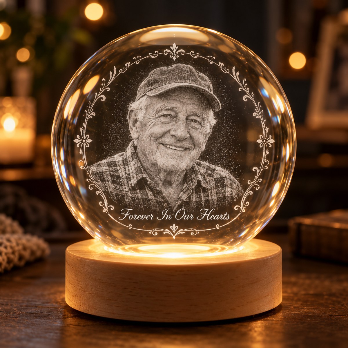 Custom Photo Memorial Pencil Sketch - Personalized Crystal Globe Night Light — hero