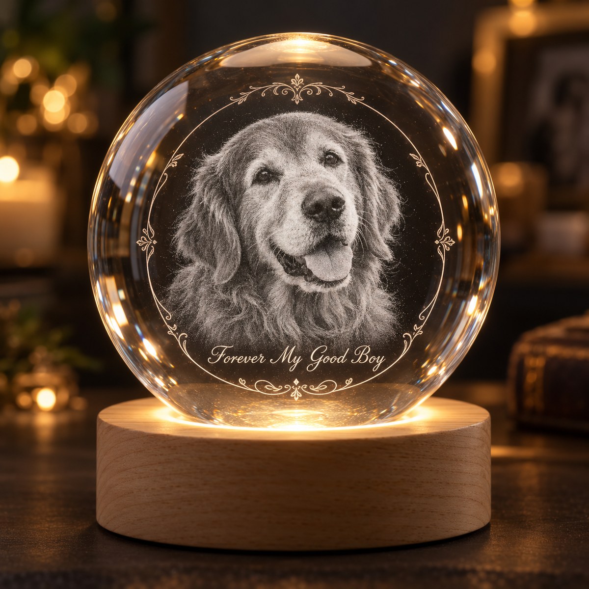 Custom Photo Pet Memorial Pencil Sketch - Personalized Crystal Globe Night Light — hero
