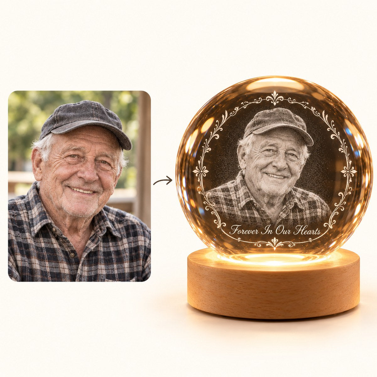 Custom Photo Memorial Pencil Sketch - Personalized Crystal Globe Night Light — how it works