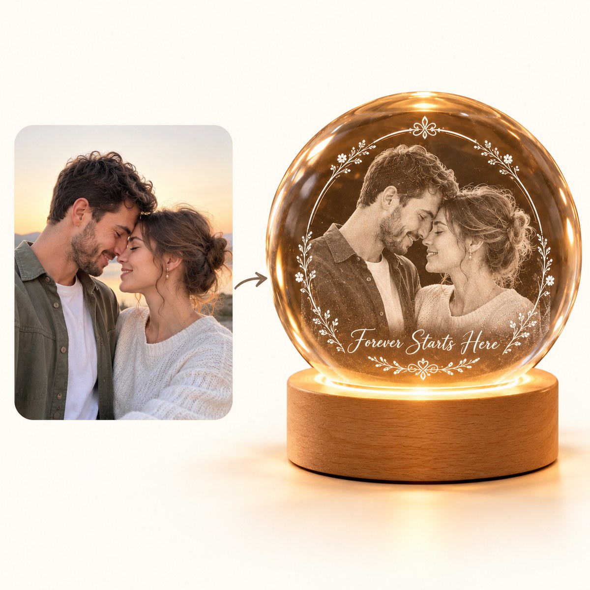 Custom Photo Couple Pencil Sketch - Personalized Crystal Globe Night Light — how it works