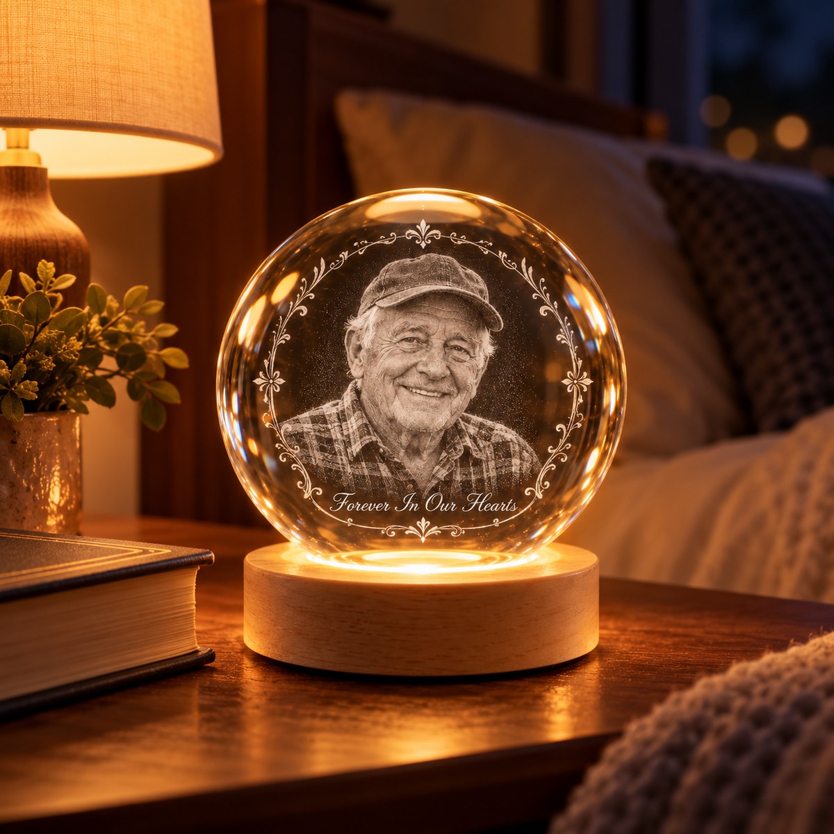 Custom Photo Memorial Pencil Sketch - Personalized Crystal Globe Night Light — lifestyle