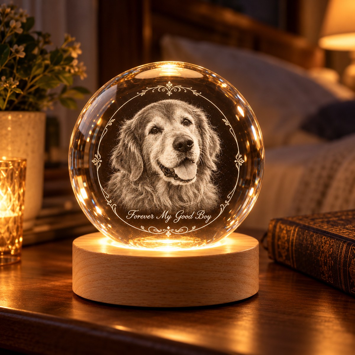 Custom Photo Pet Memorial Pencil Sketch - Personalized Crystal Globe Night Light — lifestyle