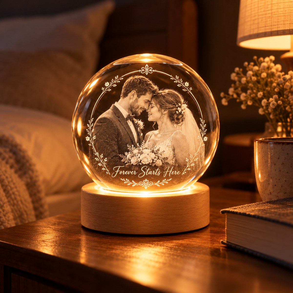 Custom Photo Couple Pencil Sketch - Personalized Crystal Globe Night Light — lifestyle