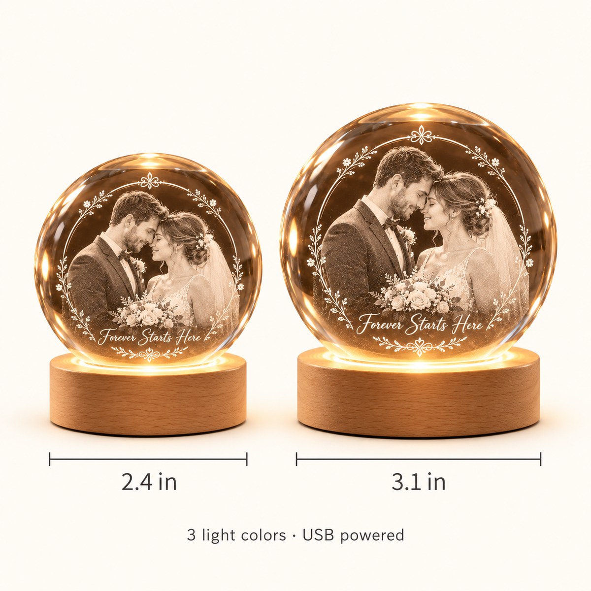 Custom Photo Couple Pencil Sketch - Personalized Crystal Globe Night Light — size