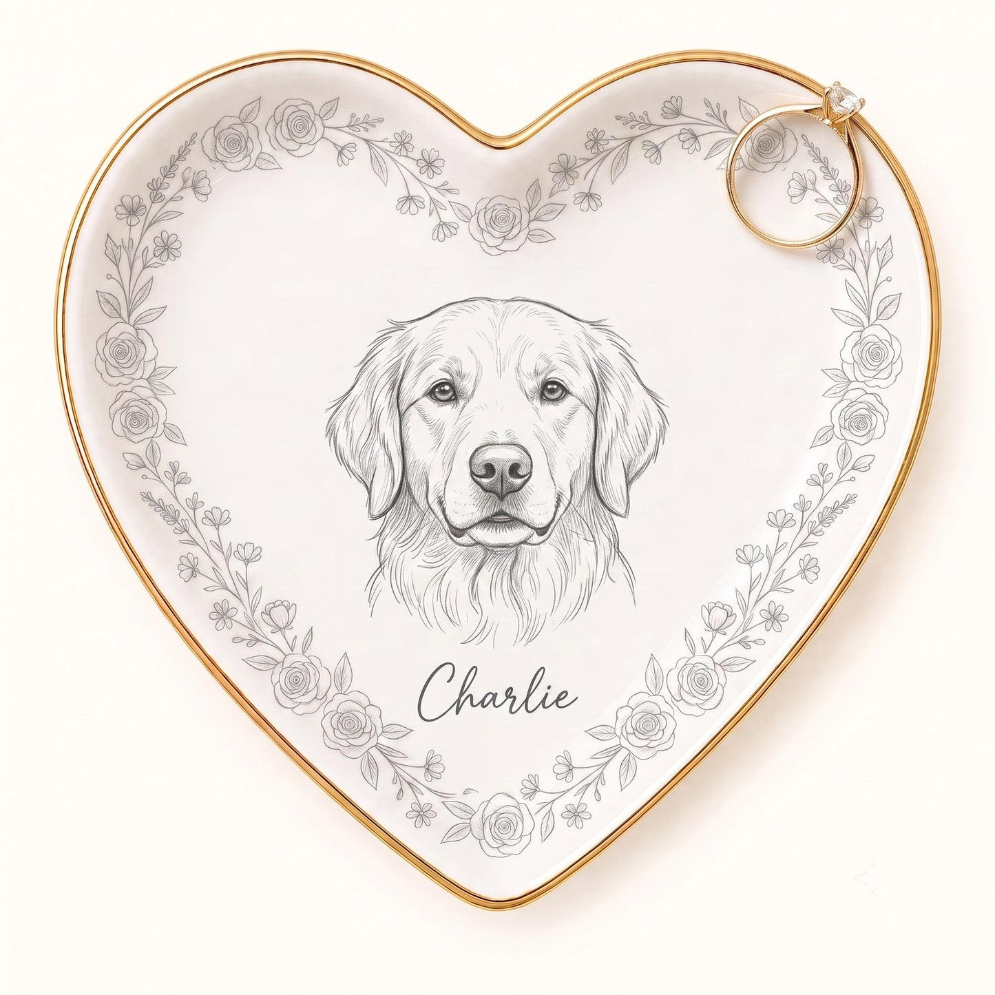 Pencil sketch pet portrait heart ring dish with name Charlie