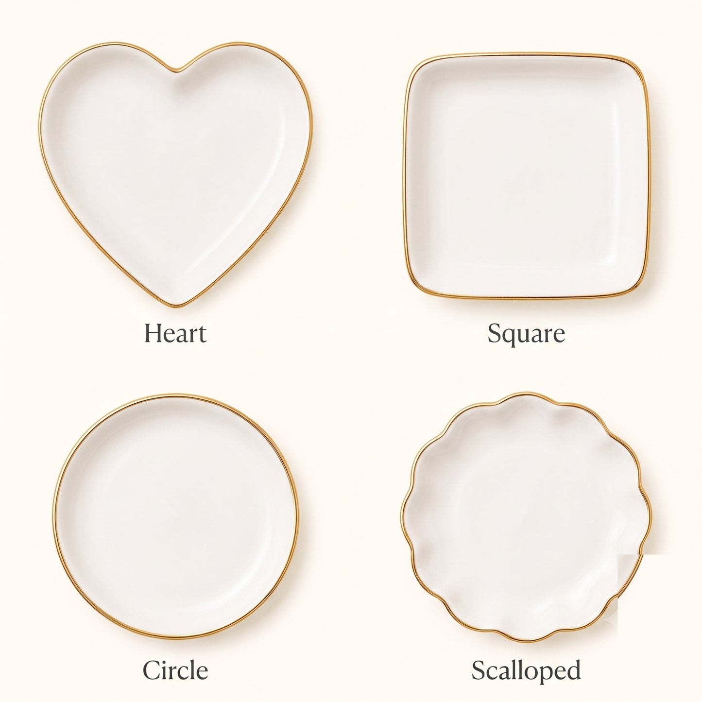 Four ring dish shapes: heart, square, circle, scalloped