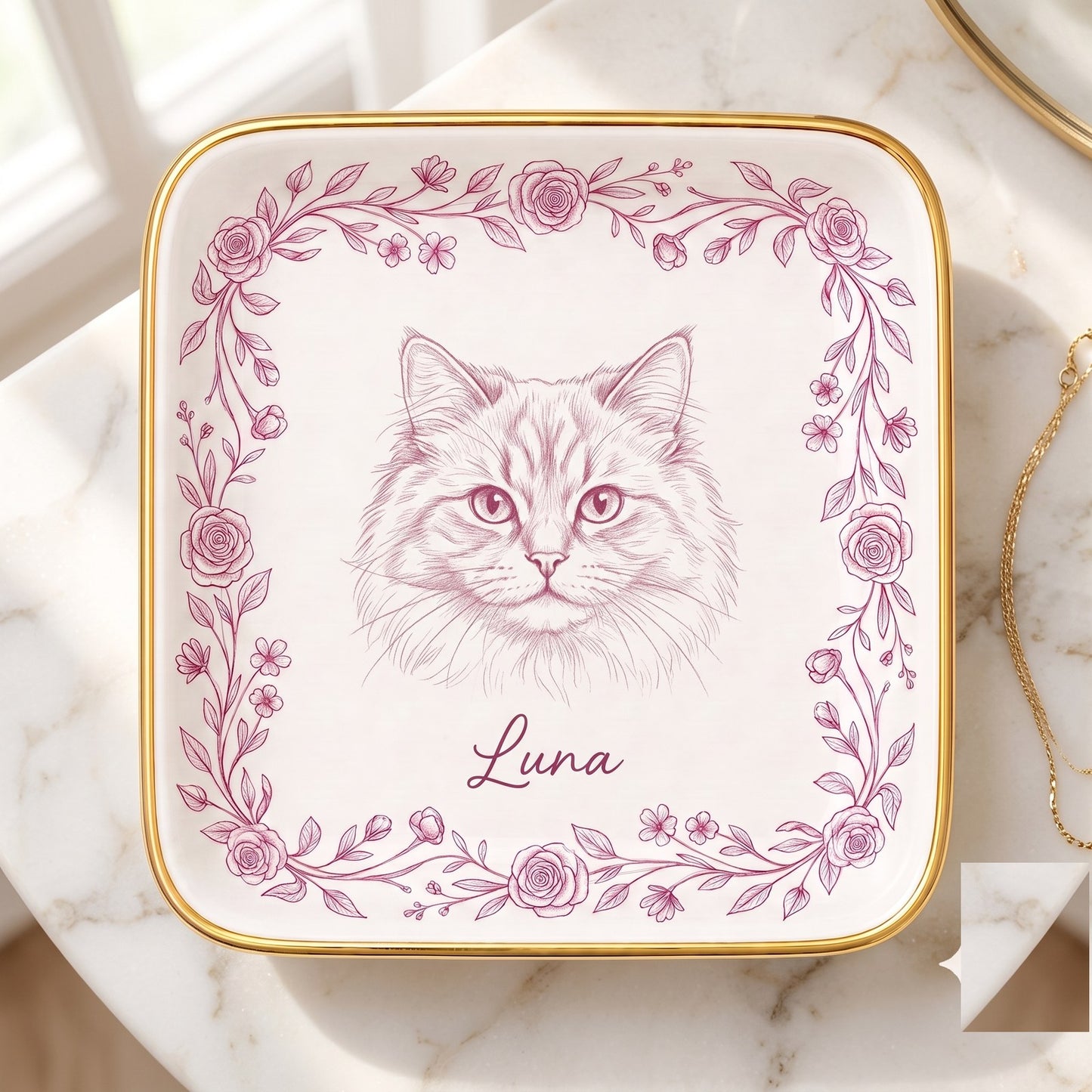Square ring dish with berry pink cat sketch