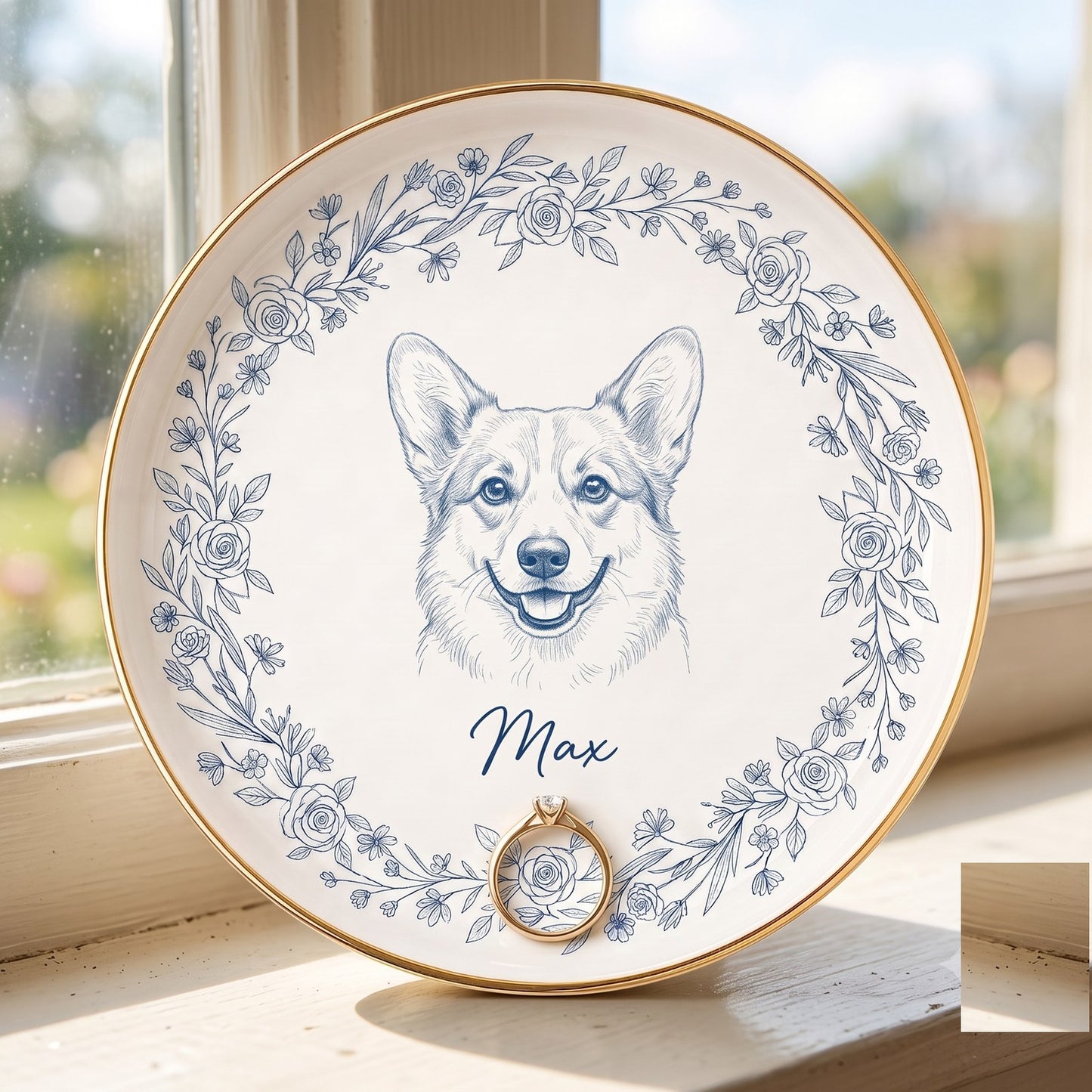 Circle ring dish with ocean blue corgi sketch