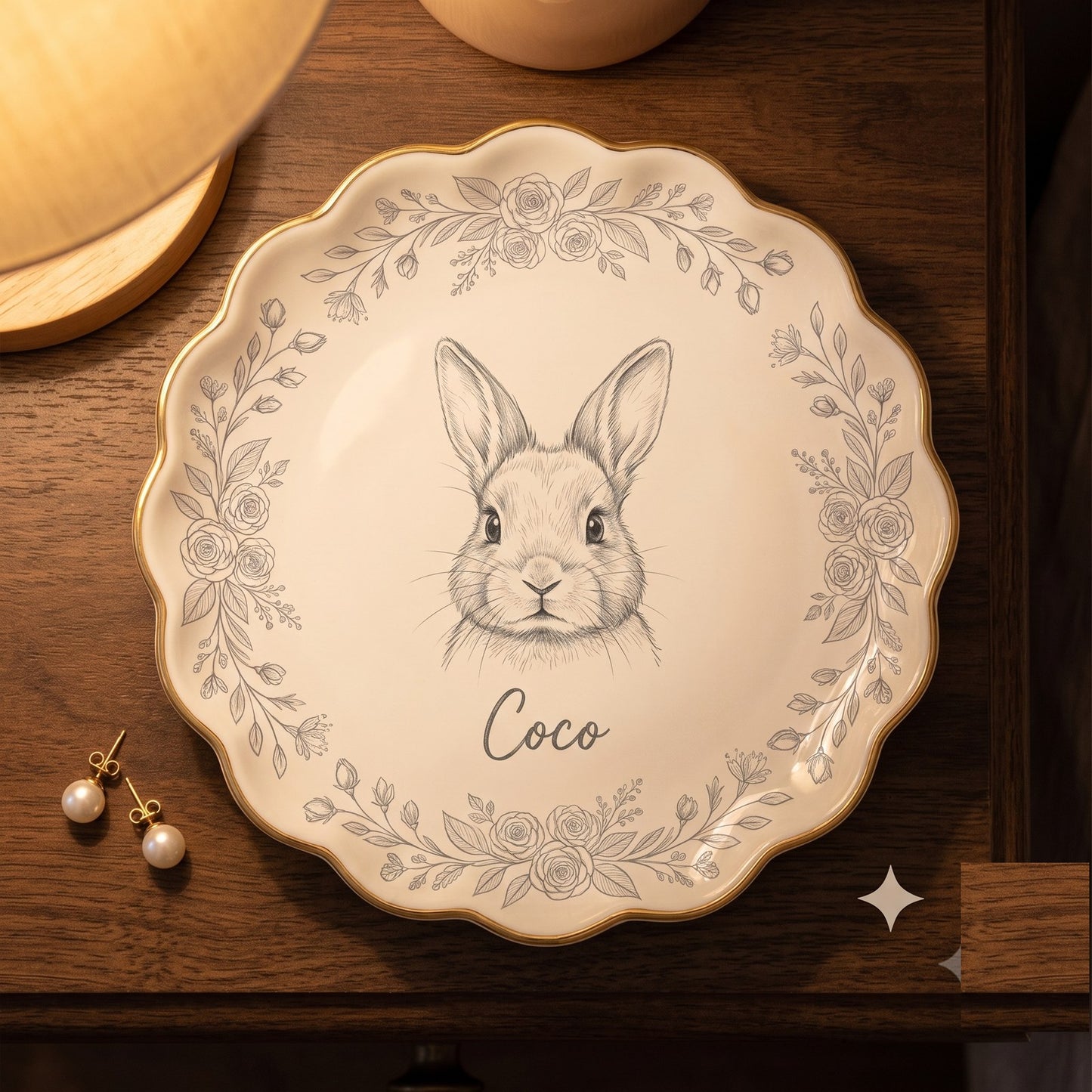 Scalloped ring dish with graphite rabbit sketch
