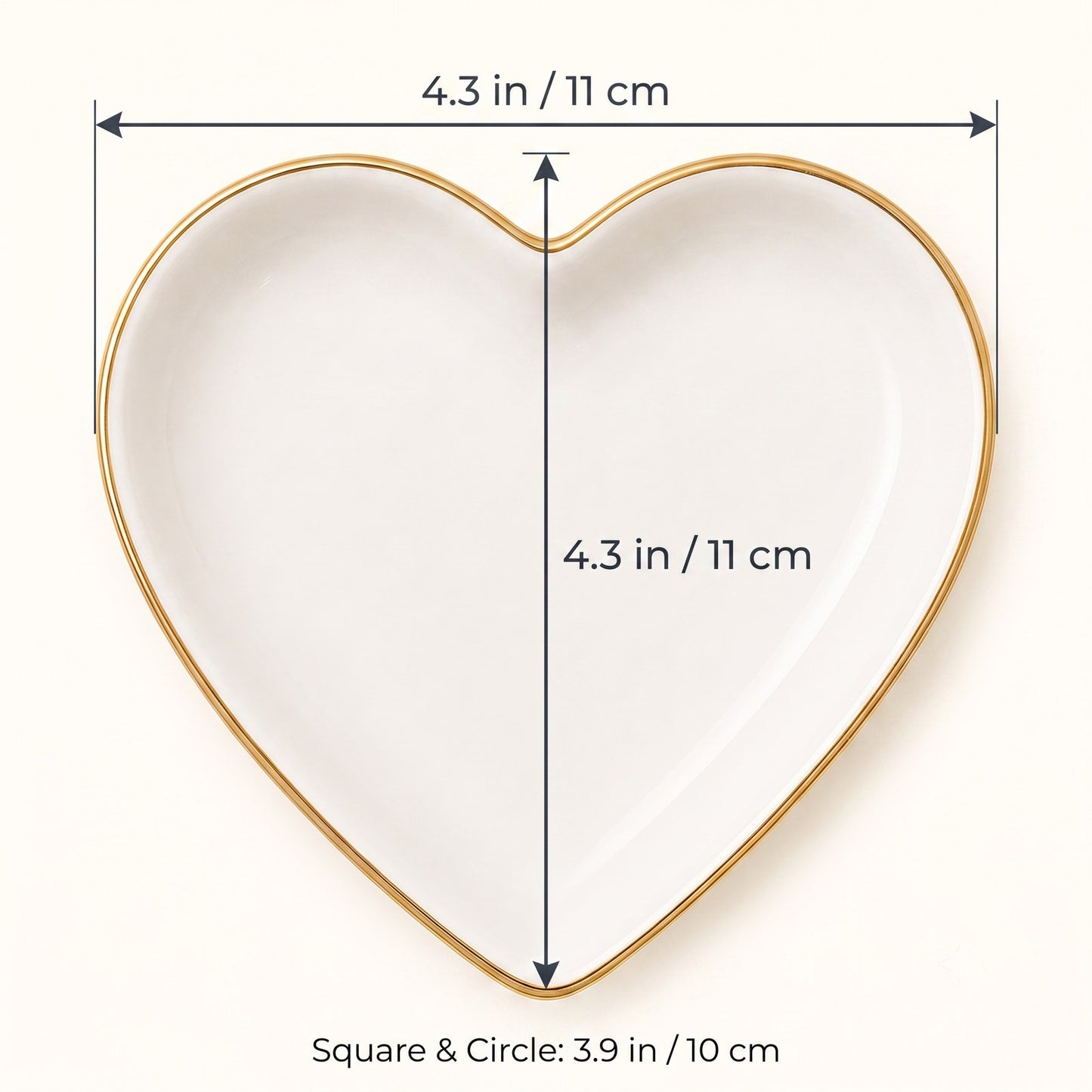Size guide: heart 4.3 in, square and circle 3.9 in