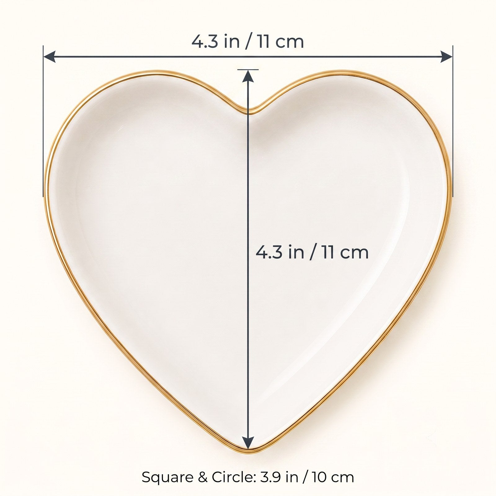 Size guide: heart 4.3 in, square and circle 3.9 in