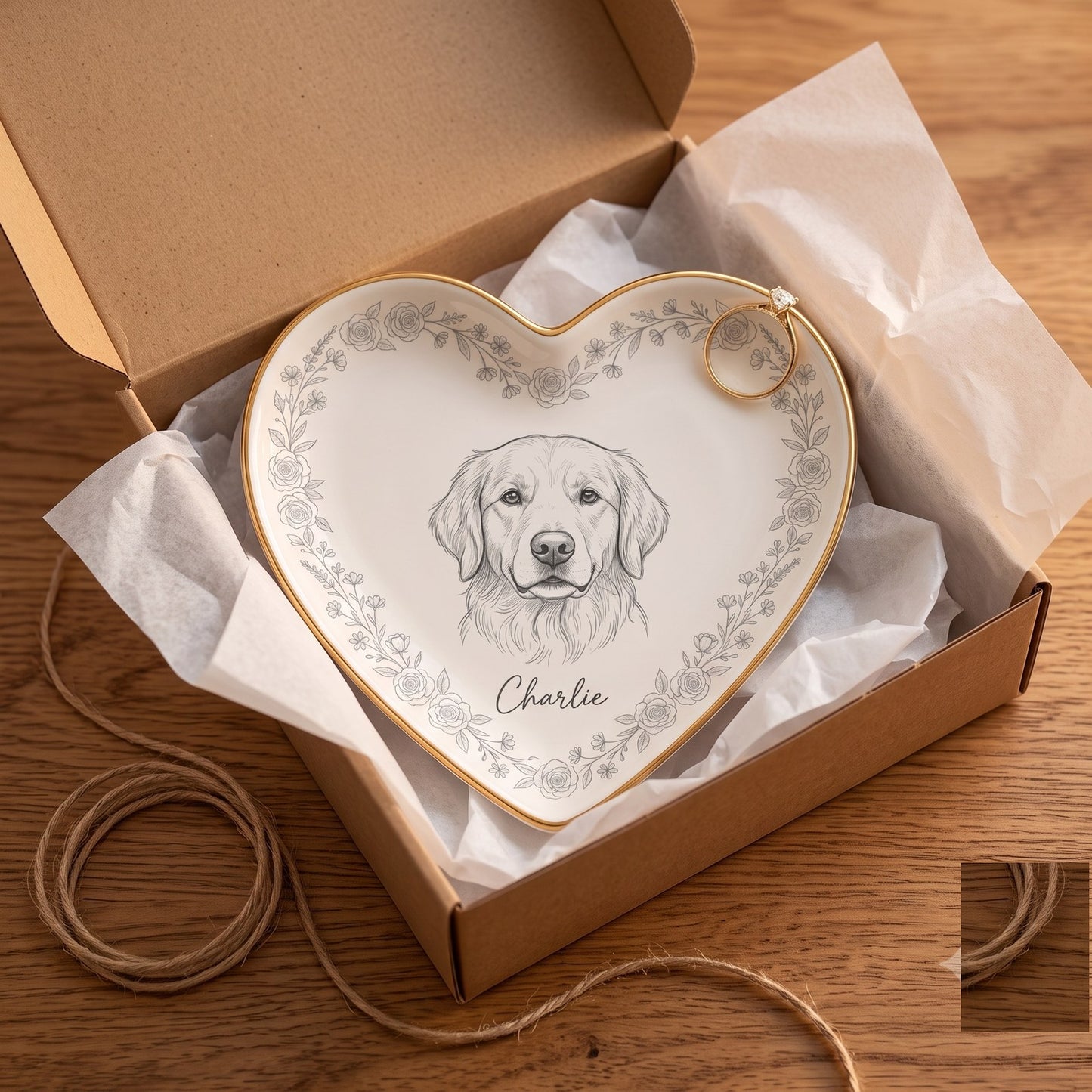 Pet sketch ring dish in a kraft gift box