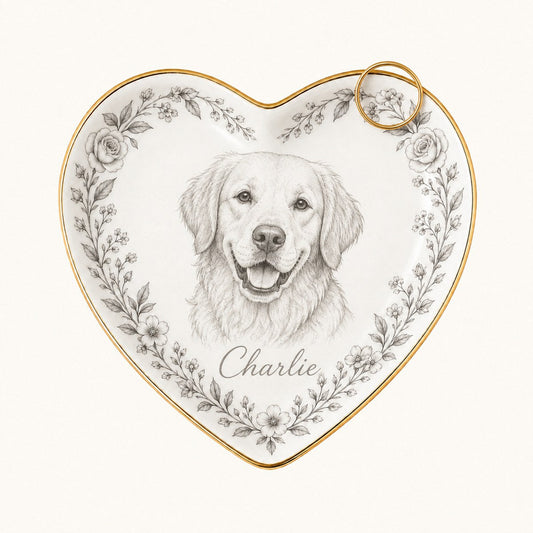 Personalized pencil sketch pet ring dish, heart shape with gold rim