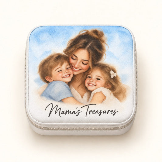 Custom Photo Watercolor Portrait Travel Jewelry Box - Mom And Kids Jewelry Box Personalized Jewelry Box Gift — hero
