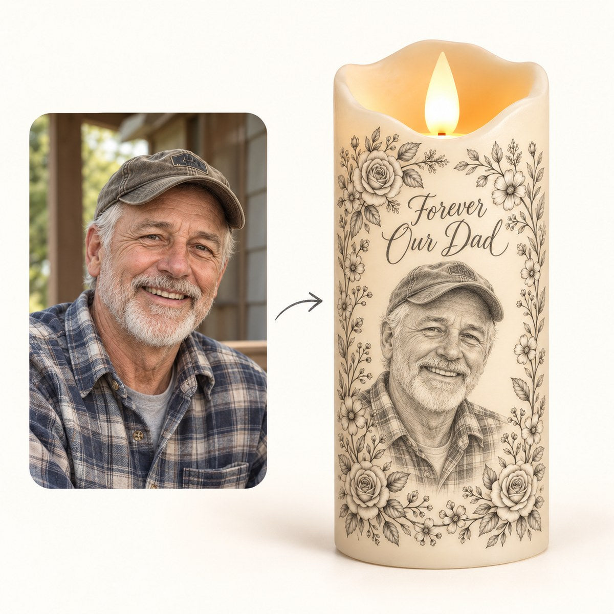 Custom Photo Pencil Sketch Flameless LED Candle - Dad Memorial LED Candle Personalized Candle Gift — how it works