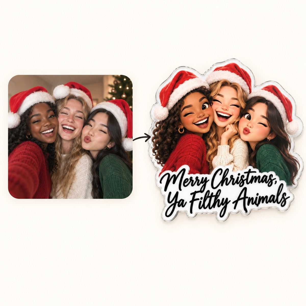 Custom Photo Christmas Friends Caricature - Personalized Acrylic Magnet — how it works