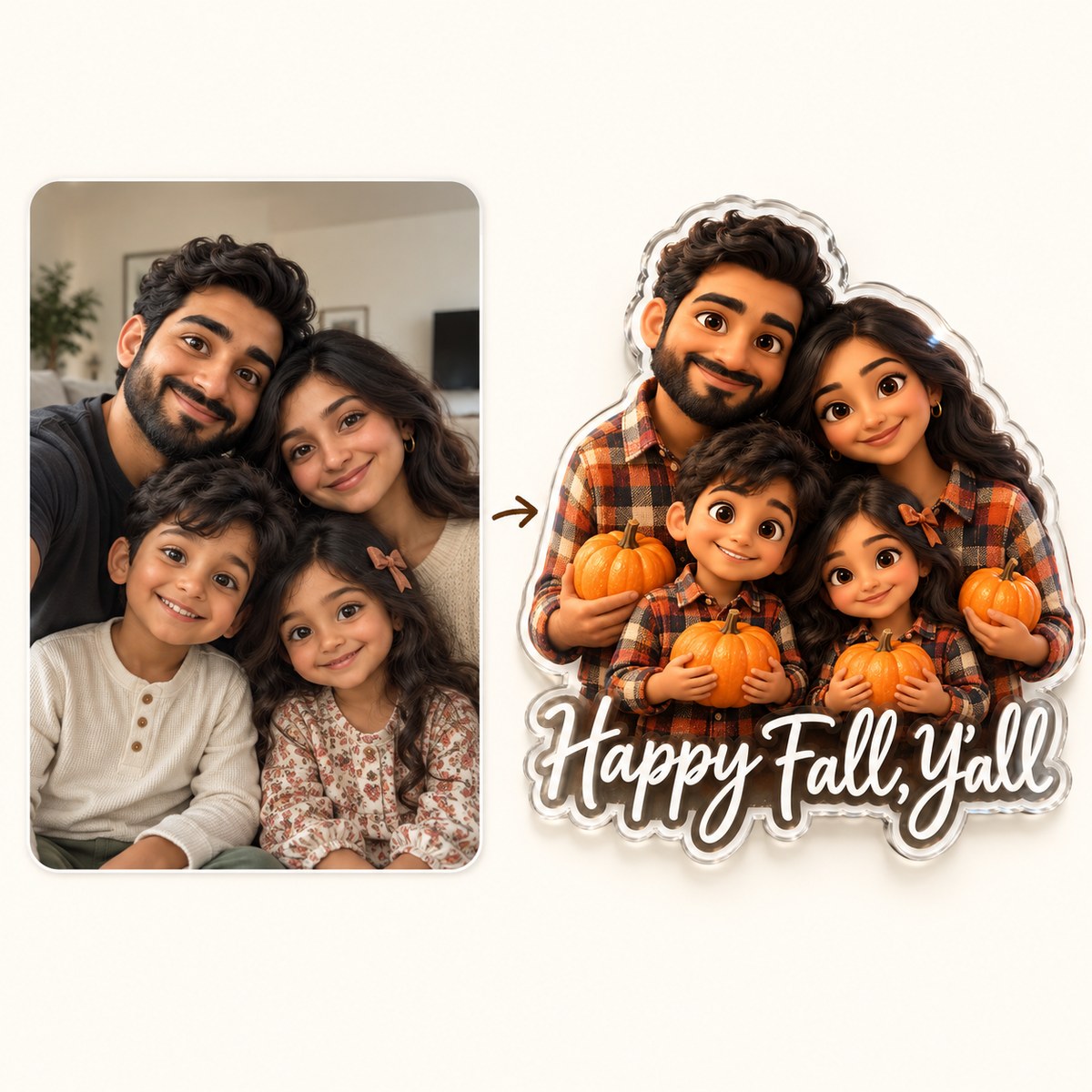 Custom Photo Fall Family Caricature - Personalized Acrylic Magnet — how it works