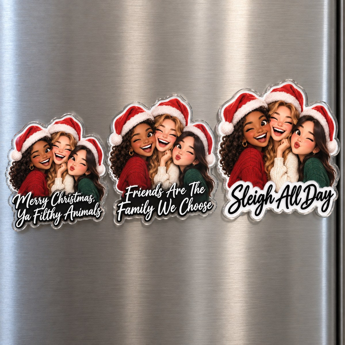 Custom Photo Christmas Friends Caricature - Personalized Acrylic Magnet — options