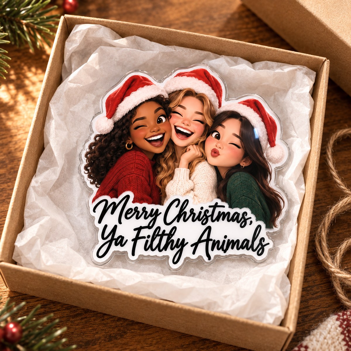 Custom Photo Christmas Friends Caricature - Personalized Acrylic Magnet — gift