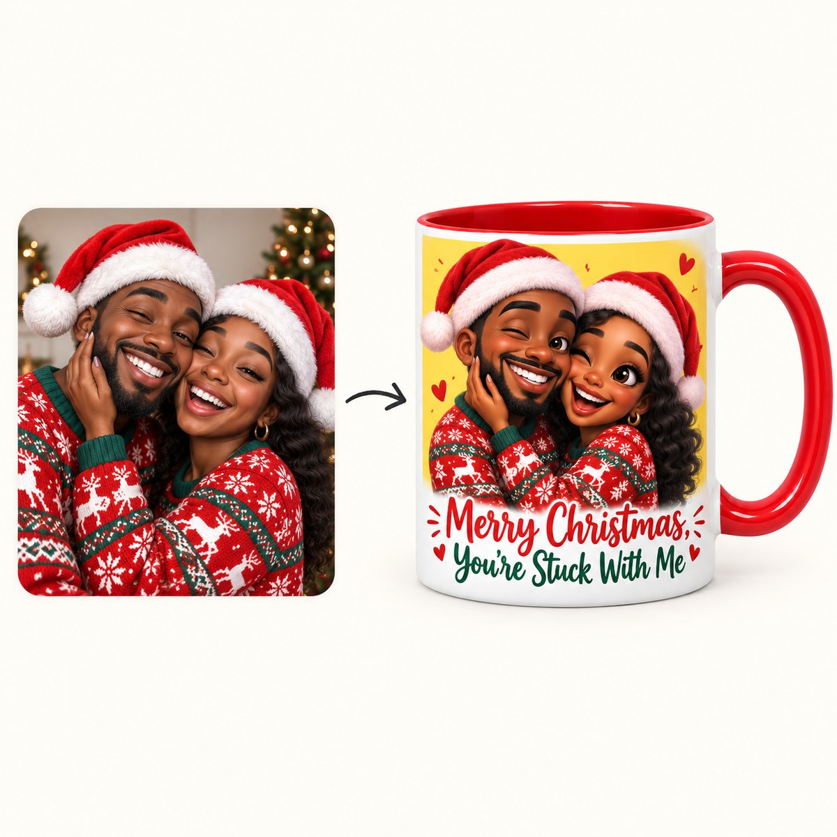 Custom Photo Caricature Portrait Accent Two-Tone Mug - Funny Christmas Couple Gift Personalized Mug Gift — how it works