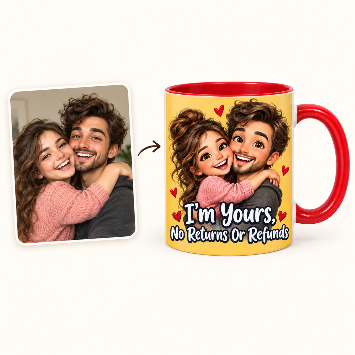 Custom Photo Caricature Portrait Accent Two-Tone Mug - Funny Couple Personalized Mug Gift — how it works