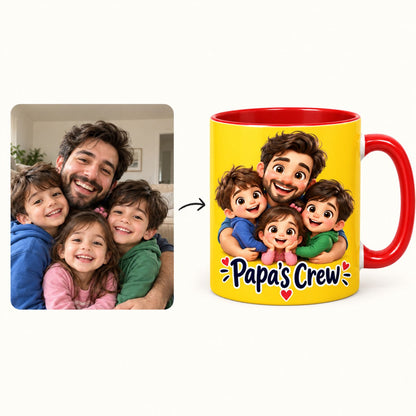 Custom Photo Caricature Portrait Accent Two-Tone Mug - Funny Papa And Kids Gift Personalized Mug Gift — how it works