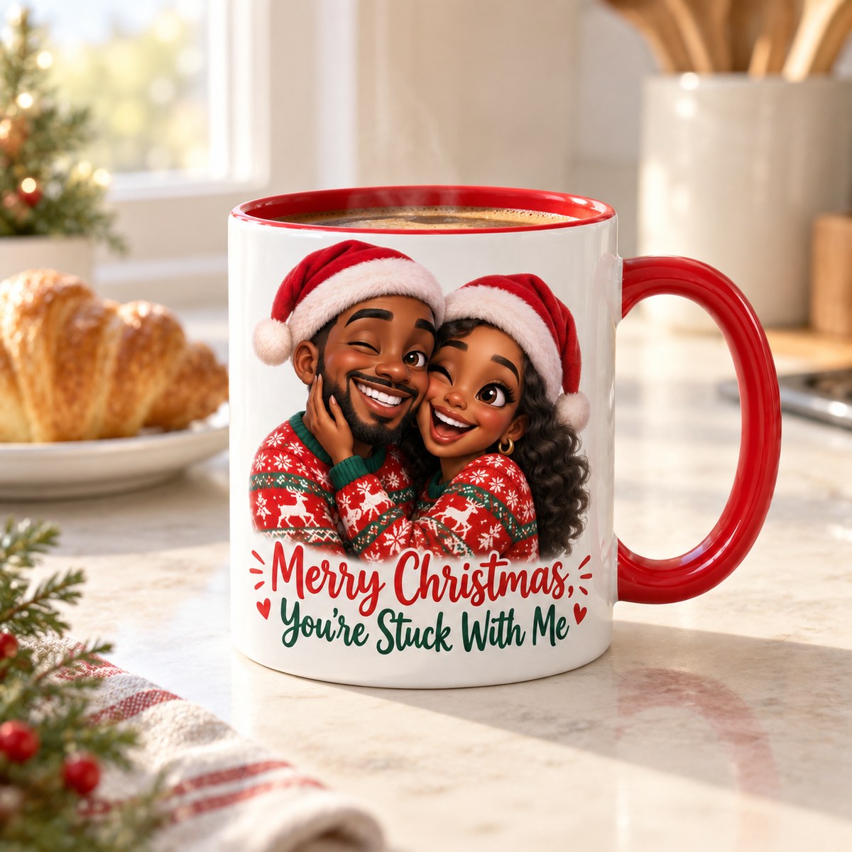 Custom Photo Caricature Portrait Accent Two-Tone Mug - Funny Christmas Couple Gift Personalized Mug Gift — lifestyle
