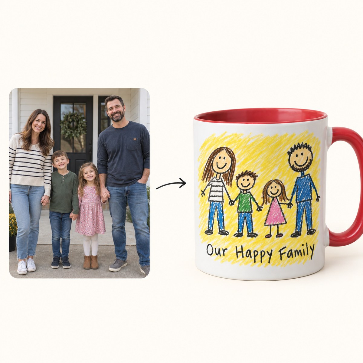 Custom Photo Doodle Portrait Accent Two-Tone Mug - Kid-Style Drawing Family Personalized Mug Gift — how it works