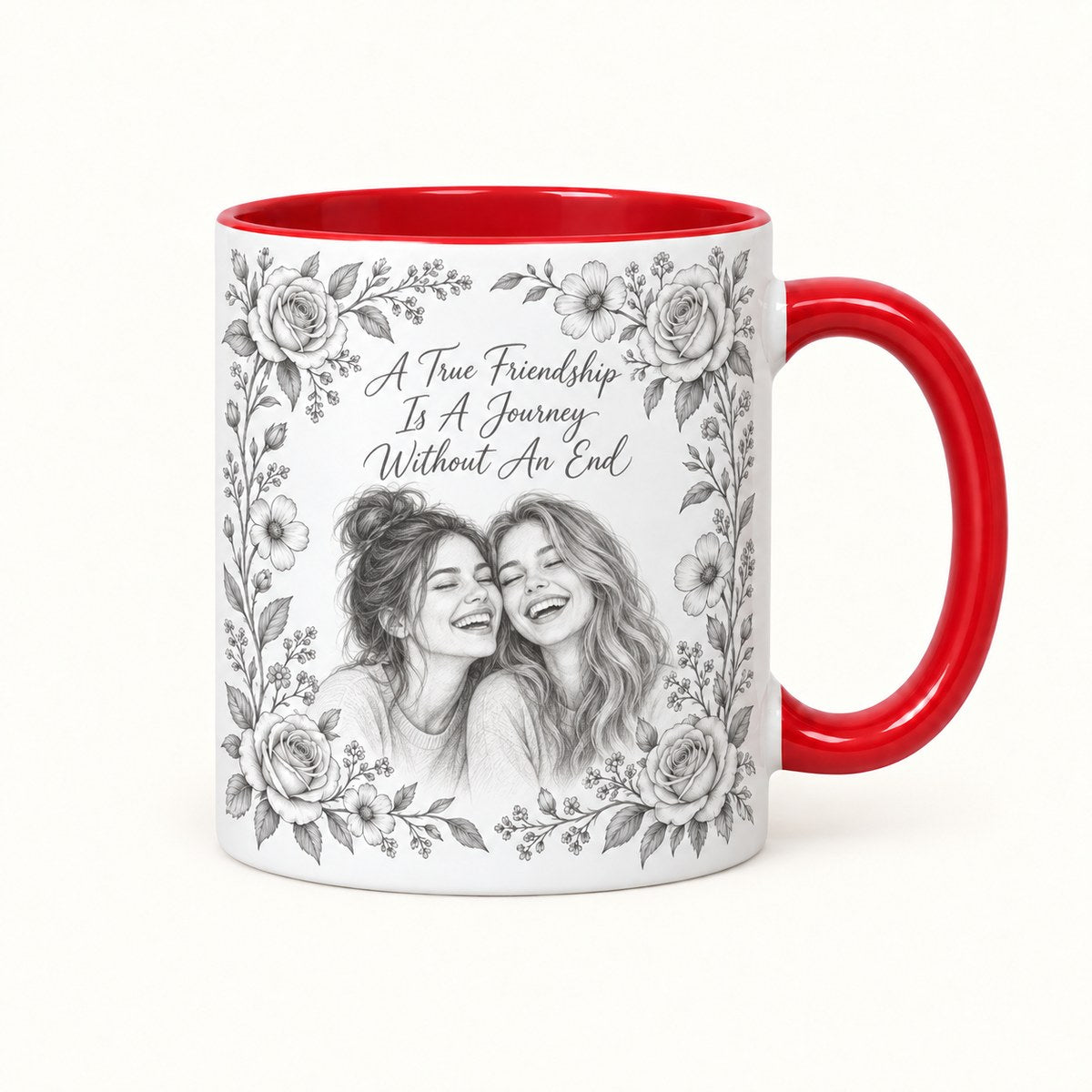 Custom Photo Pencil Sketch Accent Two-Tone Mug - A True Friendship Is A Journey Without An End, Personalized Mug Gift — hero