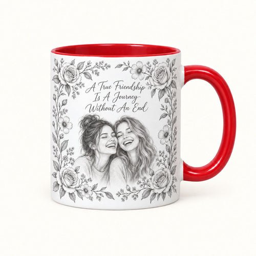 Custom Photo Pencil Sketch Accent Two-Tone Mug - A True Friendship Is A Journey Without An End, Personalized Mug Gift