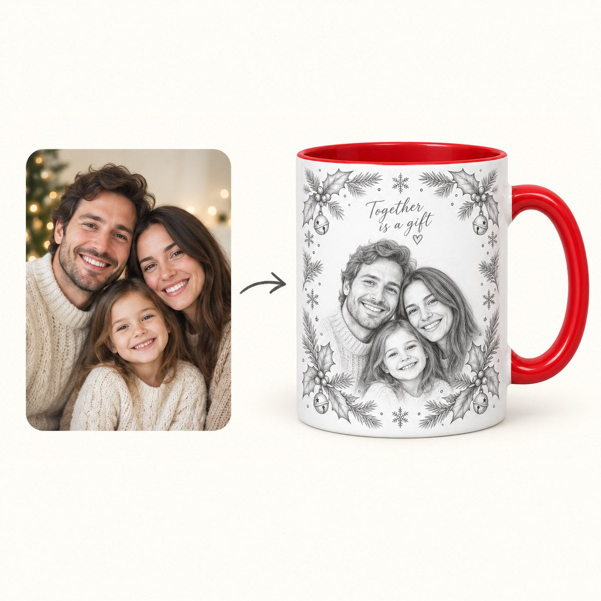 Custom Photo Pencil Sketch Accent Two-Tone Mug - Christmas Gift Personalized Mug Gift — how it works