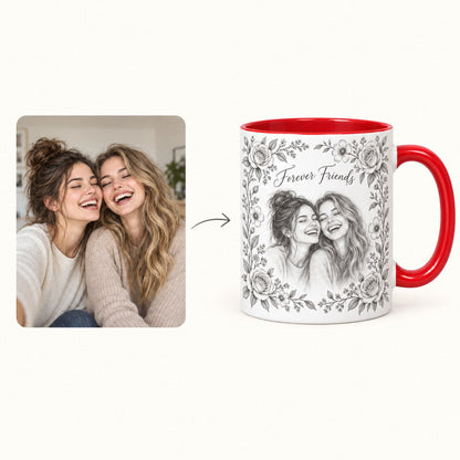 Custom Photo Pencil Sketch Accent Two-Tone Mug - A True Friendship Is A Journey Without An End, Personalized Mug Gift — how it works