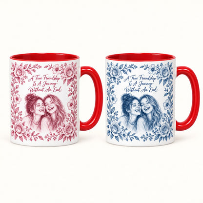 Custom Photo Pencil Sketch Accent Two-Tone Mug - A True Friendship Is A Journey Without An End, Personalized Mug Gift — options