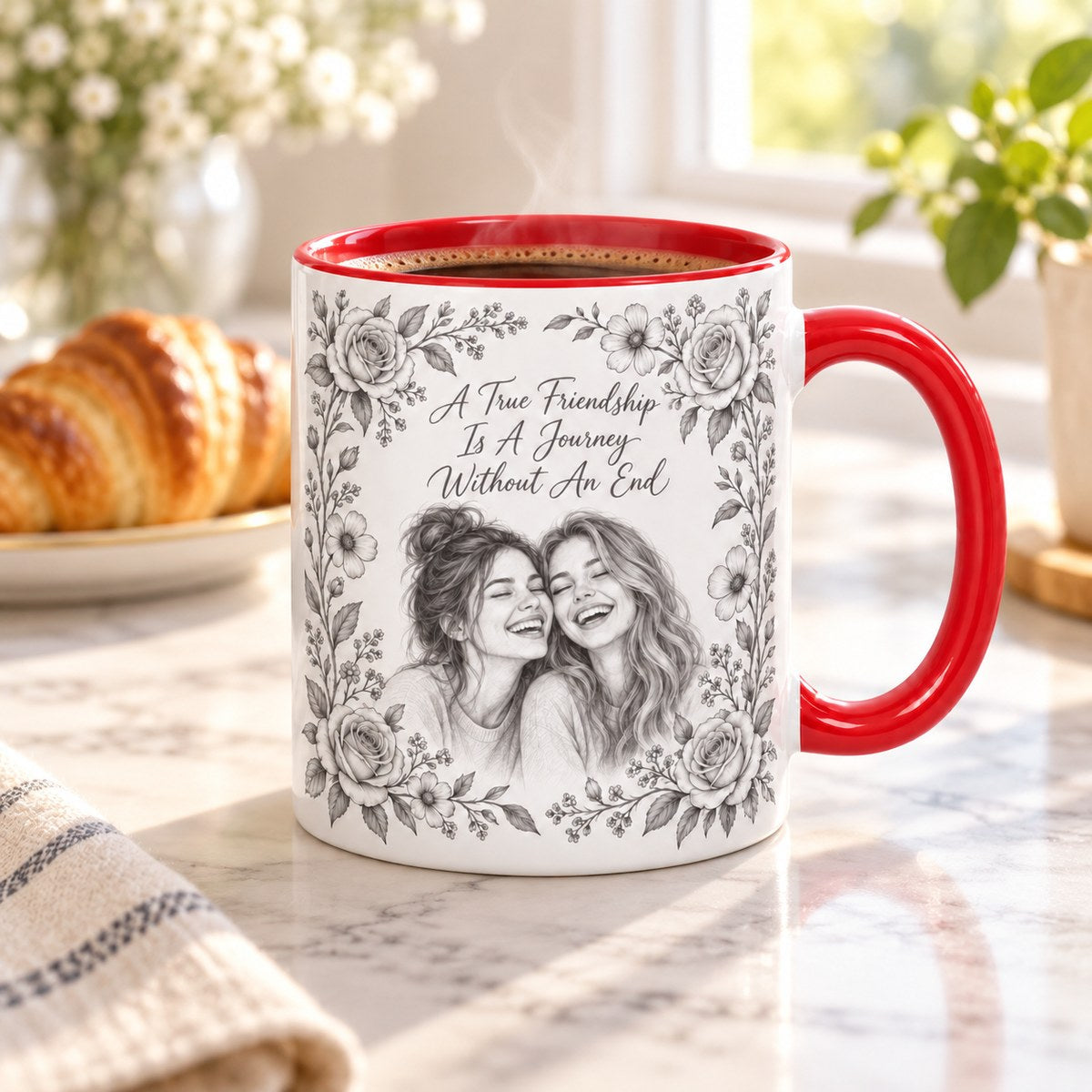 Custom Photo Pencil Sketch Accent Two-Tone Mug - A True Friendship Is A Journey Without An End, Personalized Mug Gift — lifestyle