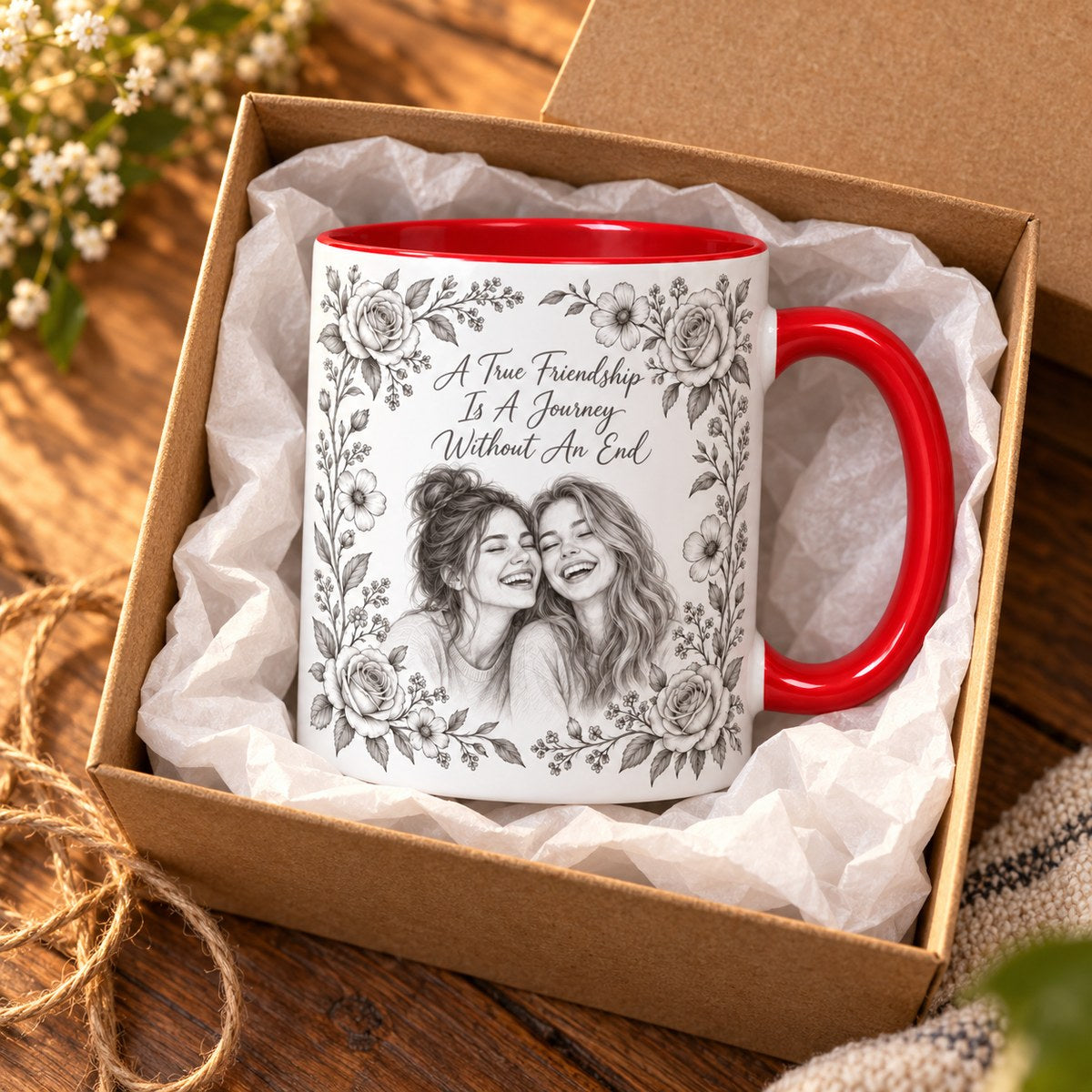 Custom Photo Pencil Sketch Accent Two-Tone Mug - A True Friendship Is A Journey Without An End, Personalized Mug Gift — gift