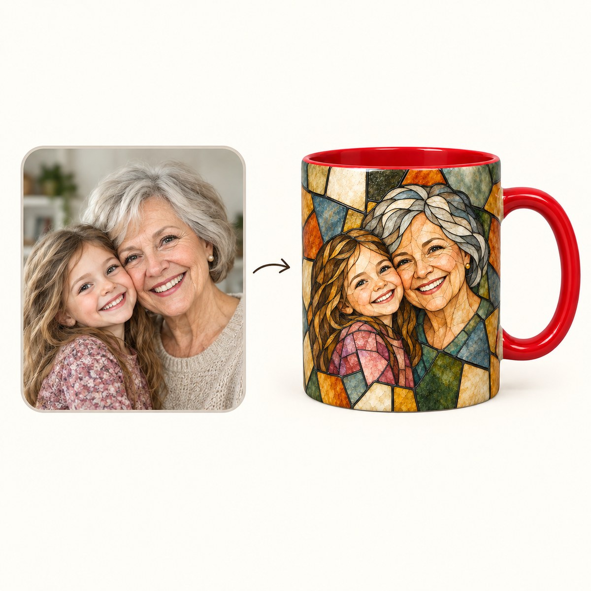 Custom Photo Stained Glass Portrait Accent Two-Tone Mug - Family Mom Grandma Personalized Mug Gift — how it works