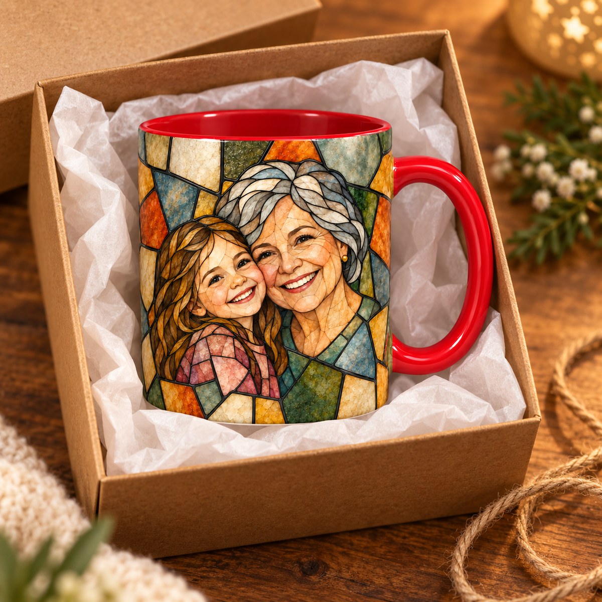 Custom Photo Stained Glass Portrait Accent Two-Tone Mug - Family Mom Grandma Personalized Mug Gift — gift