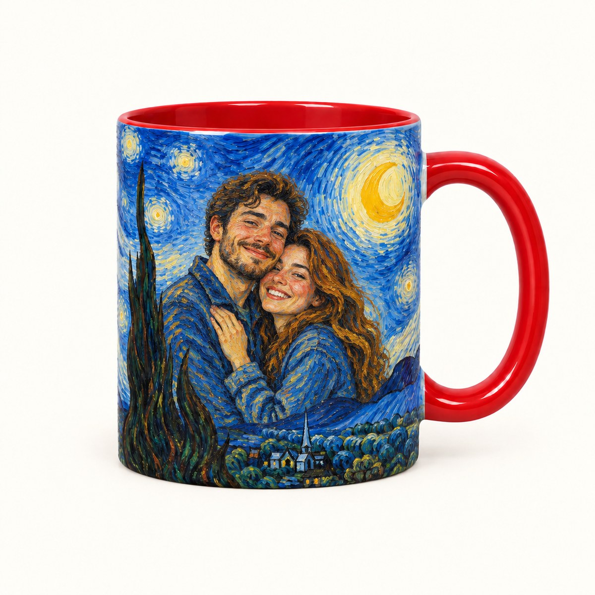 Custom Photo Starry Night Portrait Accent Two-Tone Mug - Van Gogh Style Couple Anniversary Personalized Mug Gift — hero