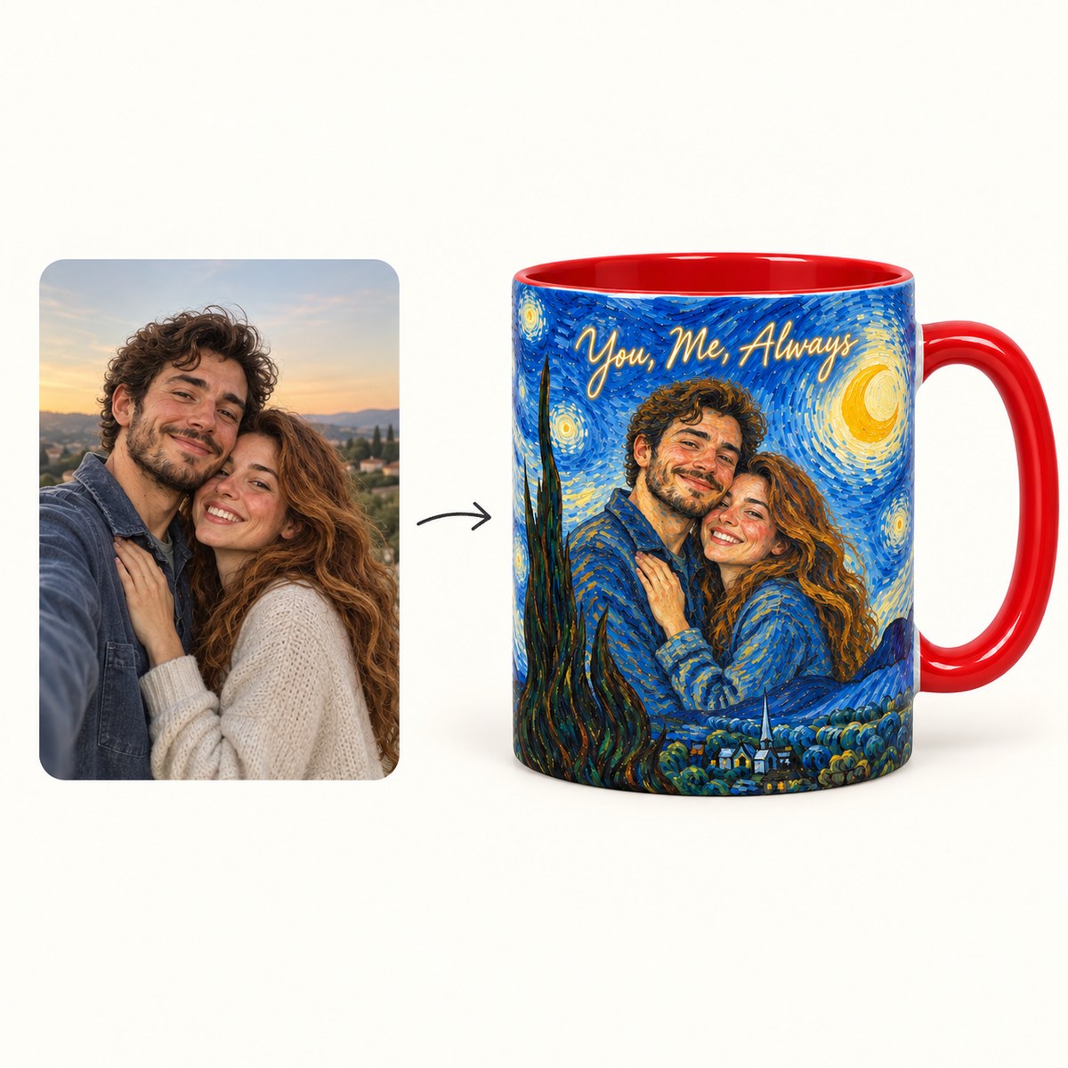 Custom Photo Starry Night Portrait Accent Two-Tone Mug - Van Gogh Style Couple Anniversary Personalized Mug Gift — how it works