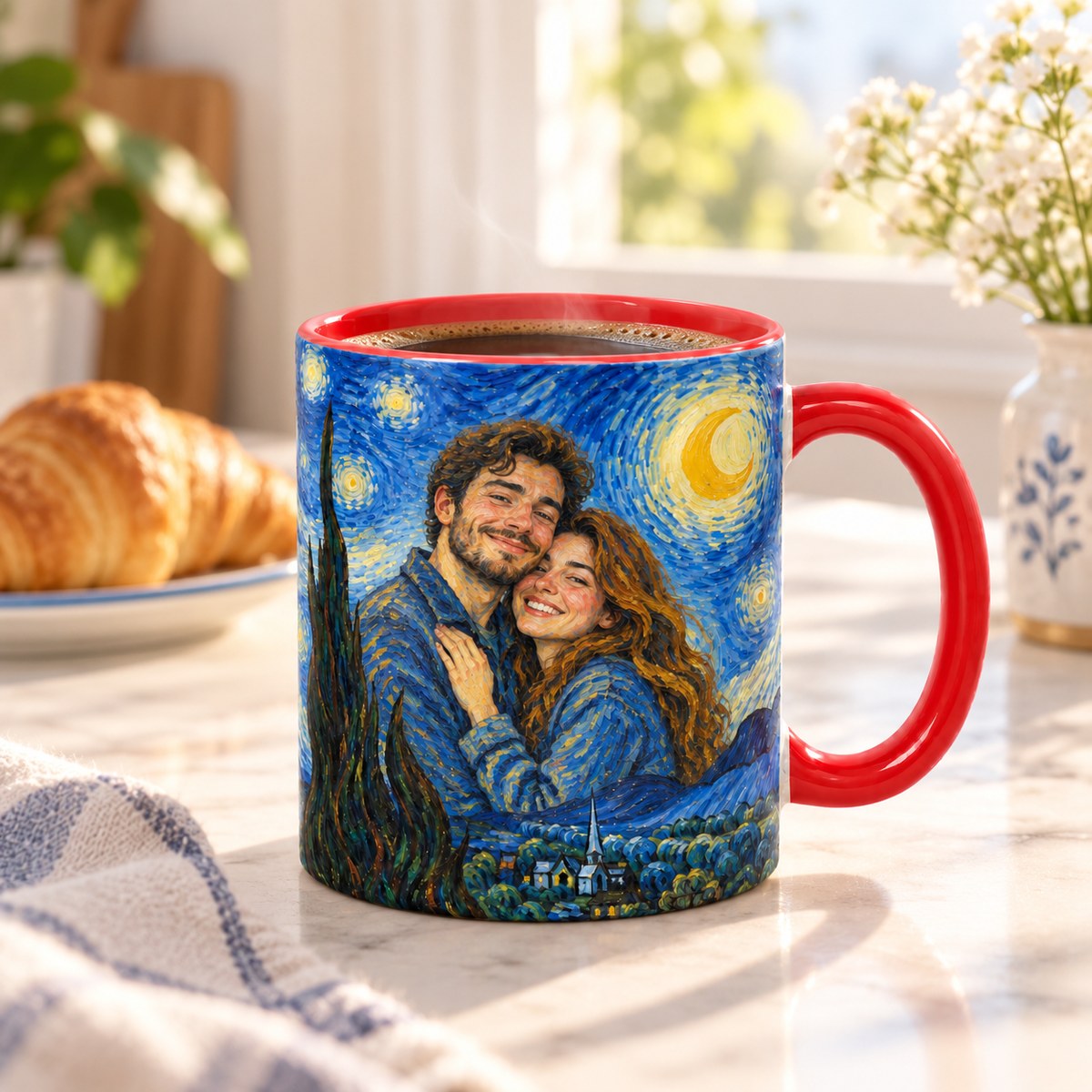 Custom Photo Starry Night Portrait Accent Two-Tone Mug - Van Gogh Style Couple Anniversary Personalized Mug Gift — lifestyle