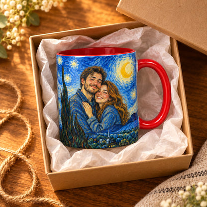 Custom Photo Starry Night Portrait Accent Two-Tone Mug - Van Gogh Style Couple Anniversary Personalized Mug Gift — gift