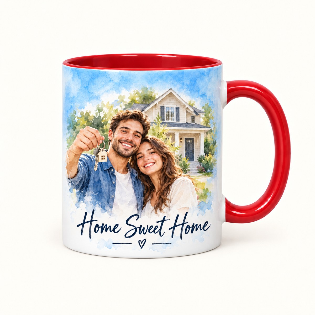 Custom Photo Watercolor Portrait Accent Two-Tone Mug - Housewarming Gift Personalized Mug Gift — hero