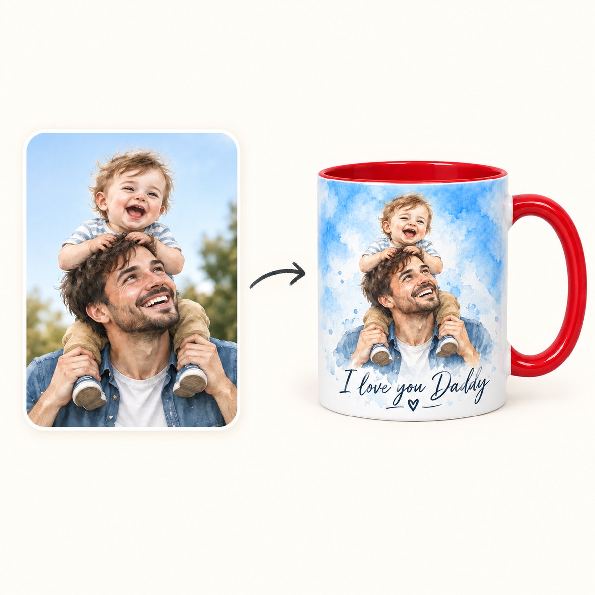 Custom Photo Watercolor Portrait Accent Two-Tone Mug - Family Memory Personalized Mug Gift — how it works