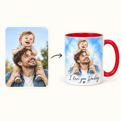 Custom Photo Watercolor Portrait Accent Two-Tone Mug - Family Memory Personalized Mug Gift — how it works