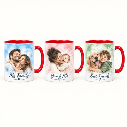 Custom Photo Watercolor Portrait Accent Two-Tone Mug - Family Memory Personalized Mug Gift — options