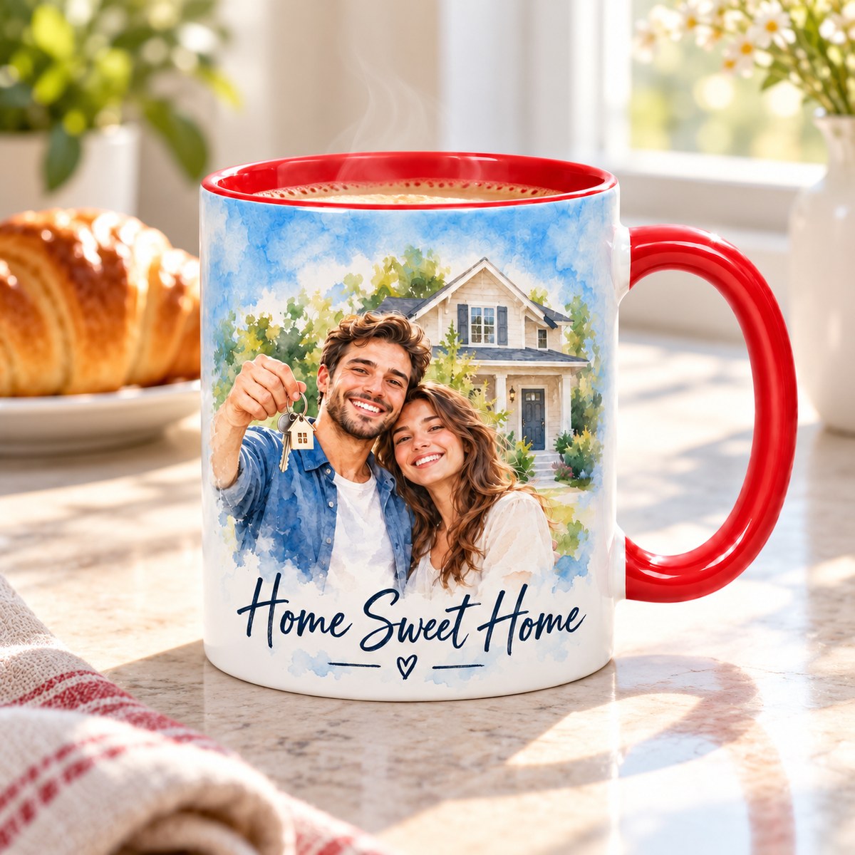 Custom Photo Watercolor Portrait Accent Two-Tone Mug - Housewarming Gift Personalized Mug Gift — lifestyle