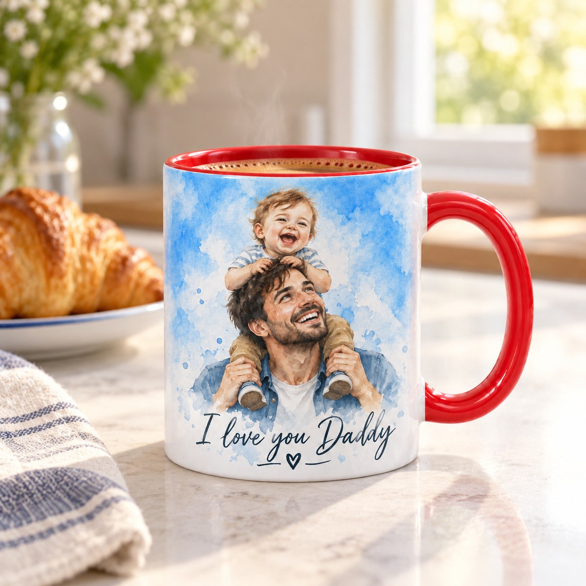 Custom Photo Watercolor Portrait Accent Two-Tone Mug - Family Memory Personalized Mug Gift — lifestyle