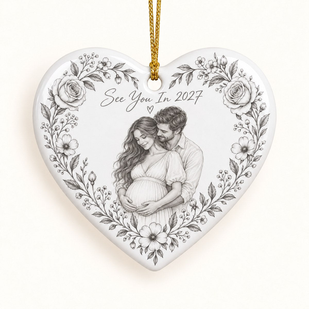 Custom Photo Pencil Sketch Ceramic Heart Ornament - Expecting Baby Christmas Ornament Personalized Ornament Gift — hero