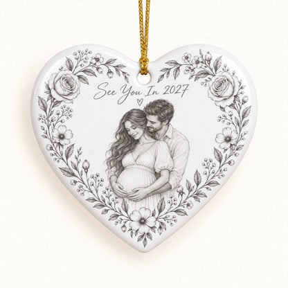Custom Photo Pencil Sketch Ceramic Heart Ornament - Expecting Baby Christmas Ornament Personalized Ornament Gift — hero