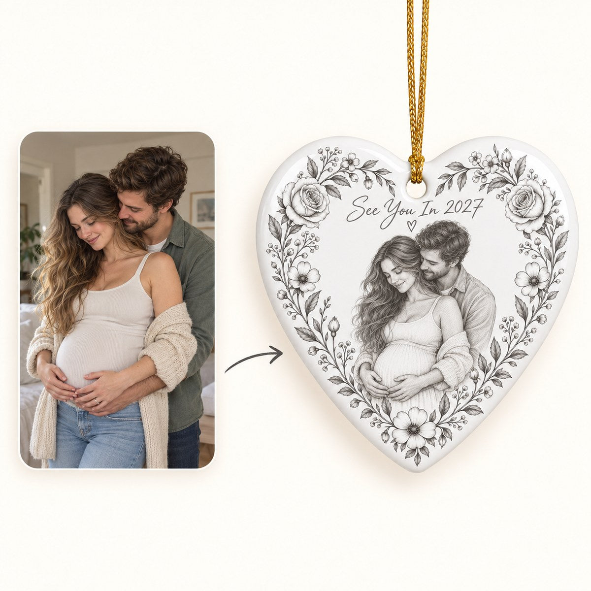 Custom Photo Pencil Sketch Ceramic Heart Ornament - Expecting Baby Christmas Ornament Personalized Ornament Gift — how it works